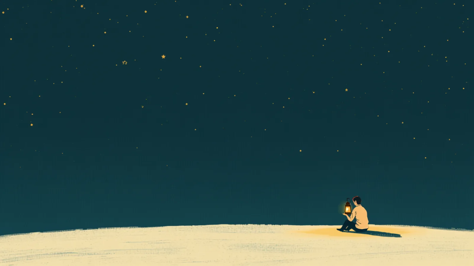 星空の下、小さな灯りを手にひとり座る人のイラスト