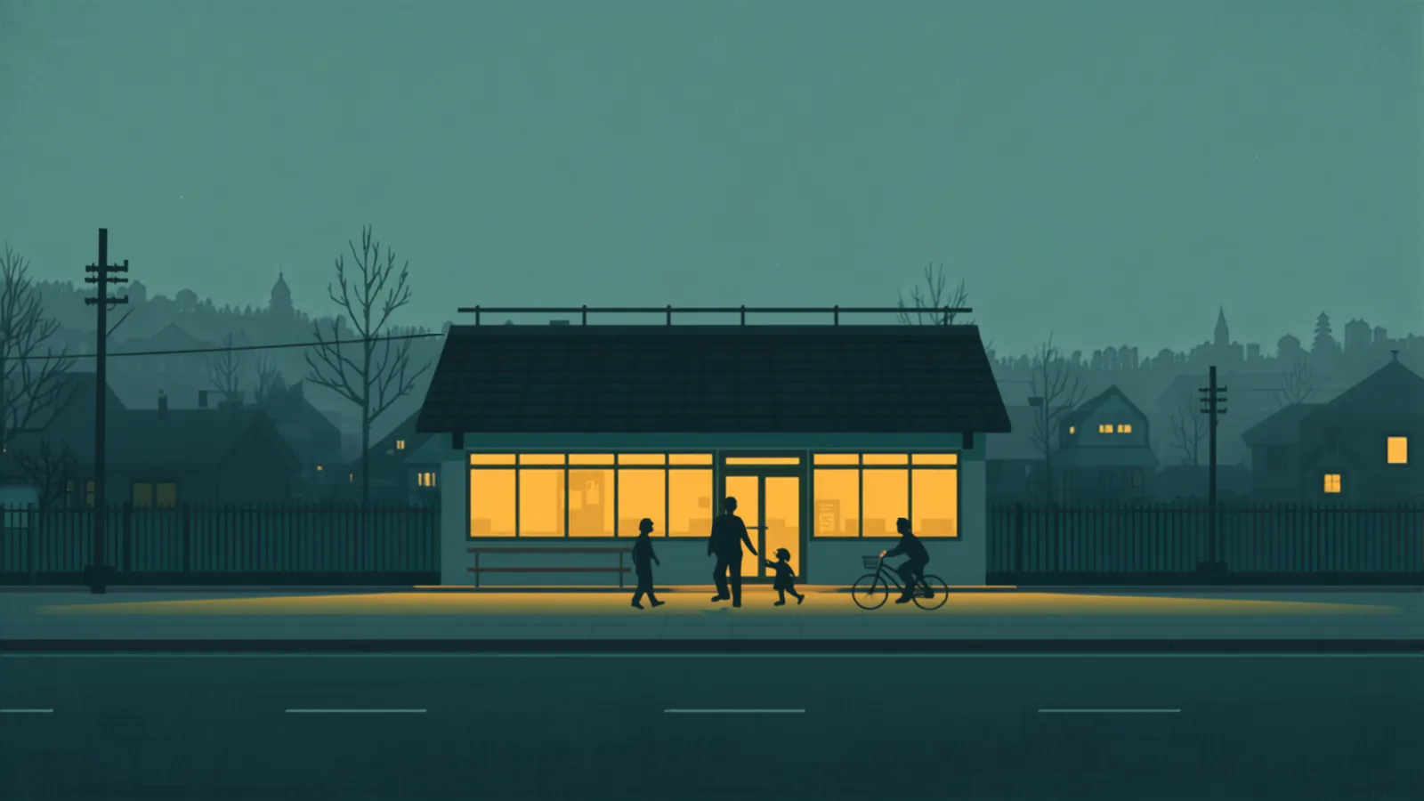 夕暮れの公民館に、子どもも大人も自転車の人もそれぞれに集まってくるイラスト