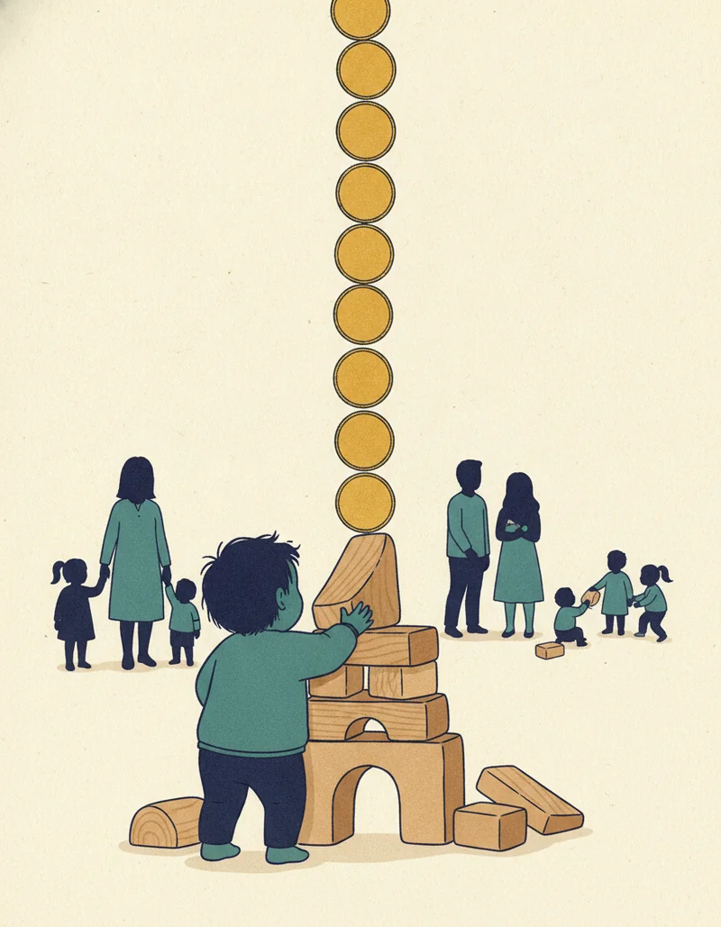 ペリー就学前計画の挿絵。積み木で遊ぶ幼児と、その塔が金貨の柱になって伸びていく様子