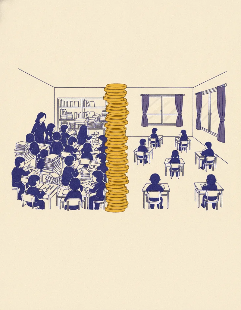 STAR実験の挿絵。すし詰めの教室とゆとりある教室、その間に積まれた金貨の柱