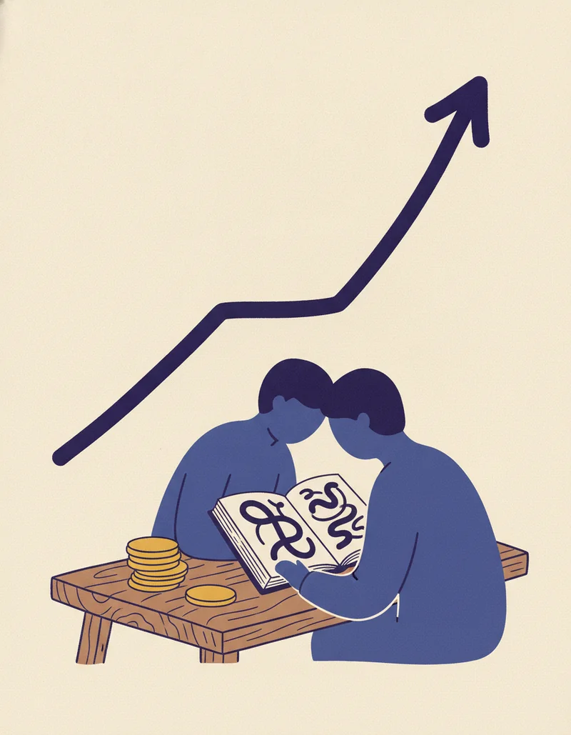 高濃度チュータリングの挿絵。小さな机をはさんで向き合う二人と、机上の本と金貨
