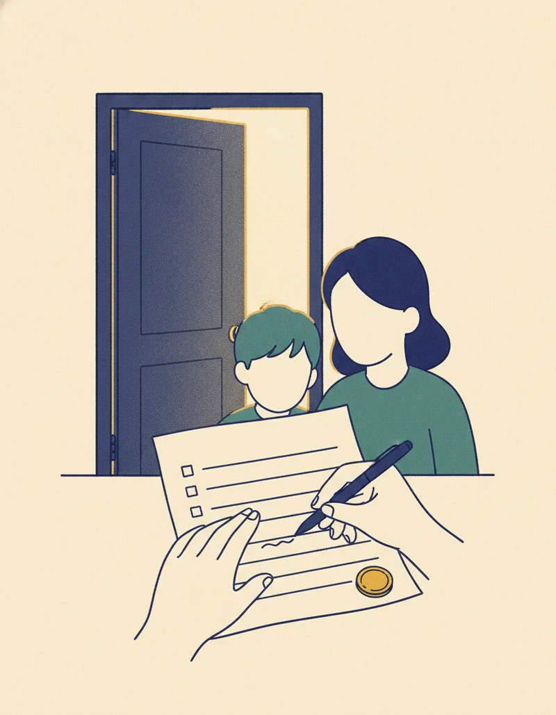 FAFSA記入支援の挿絵。長い申請書に記入する手と、その先に少し開いた扉、隅の金貨