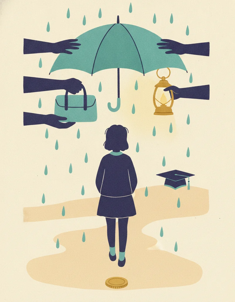 CUNY ASAPの挿絵。歩く学生にさしかけられた傘と、その先の学士帽、足元の金貨
