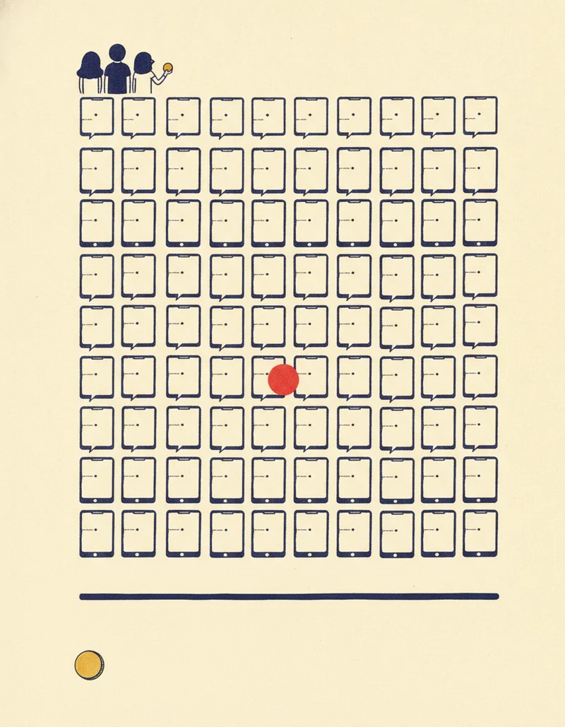 ナッジのスケール失敗の挿絵。同じ文面を映す無数のスマートフォンと、外にひとつ落ちた金貨
