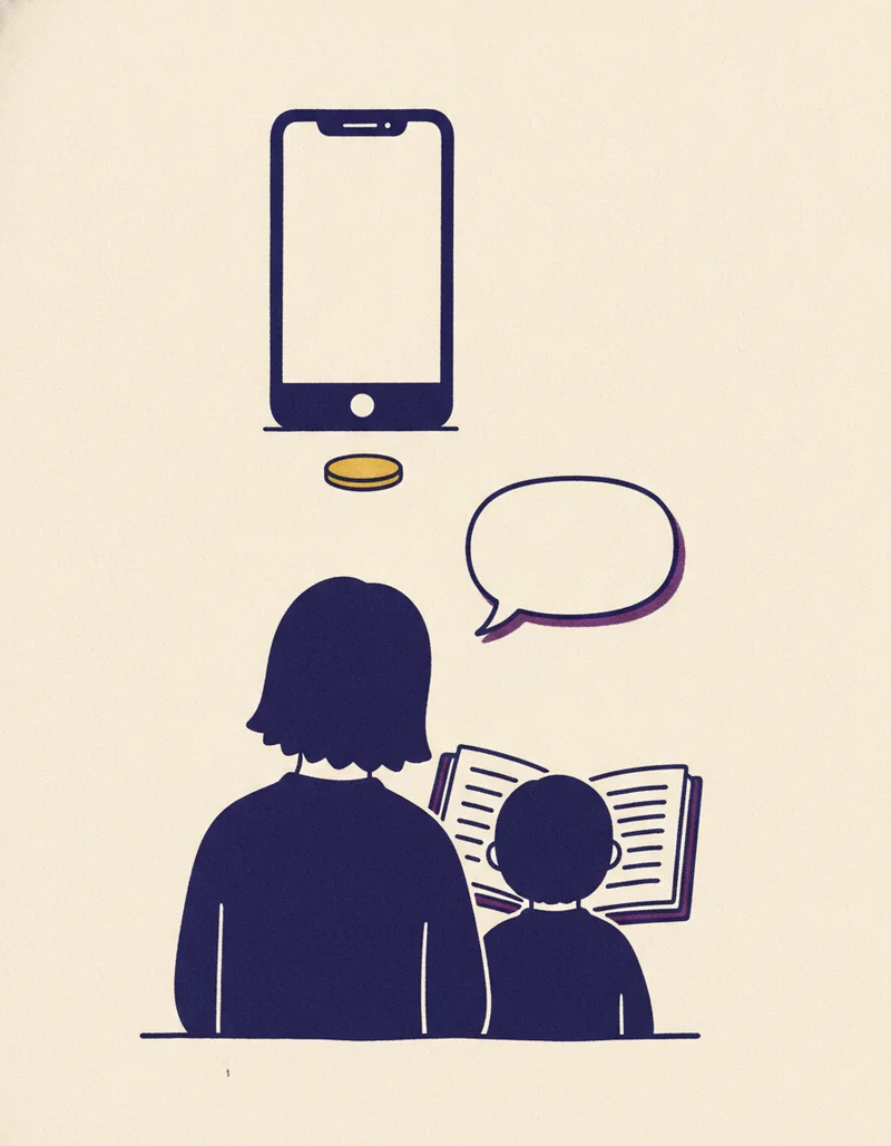 保護者へのテキストメッセージの挿絵。ひとつの吹き出しが出た電話と、下で本を読む親子