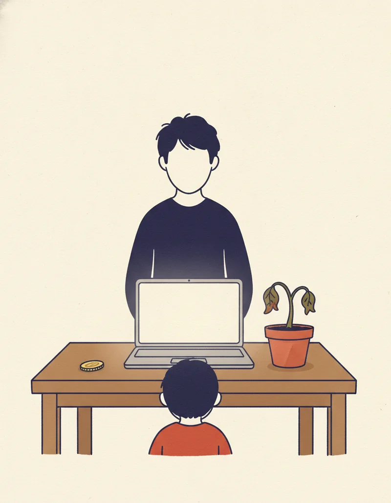 One Laptop Per Childの挿絵。開いたノートPCと、その脇でうなだれる萎れた芽、転がる金貨