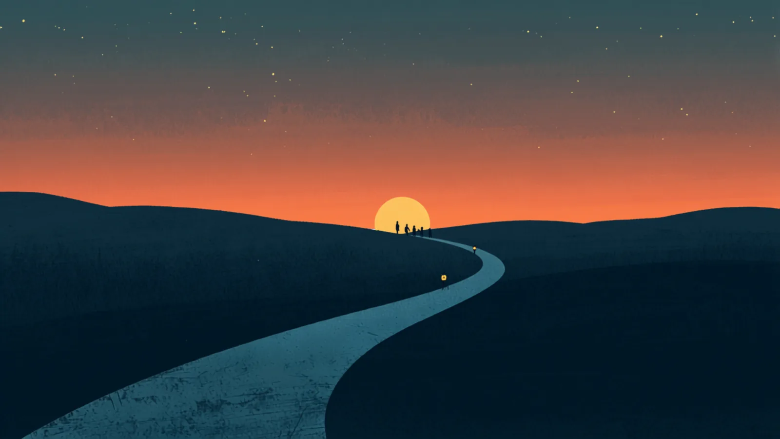 夜明けの空へ向かって続く終わりのない道を、人々がそれぞれの場所で歩いているイラスト