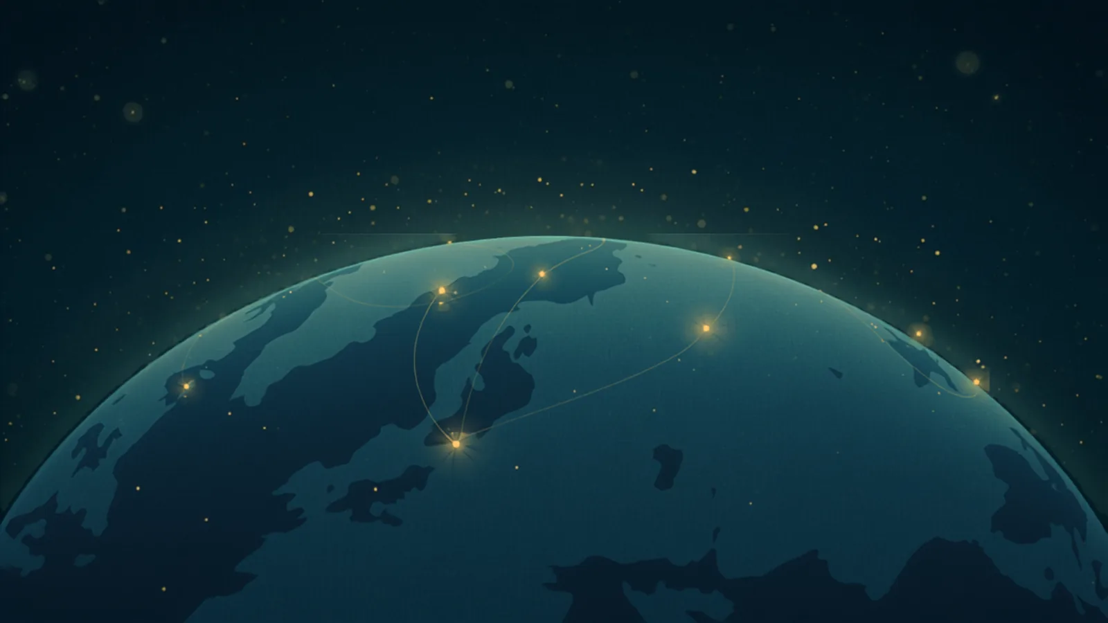 夜の地球に散らばる実践の灯りが、対等な光の線でゆるやかに結ばれているイラスト