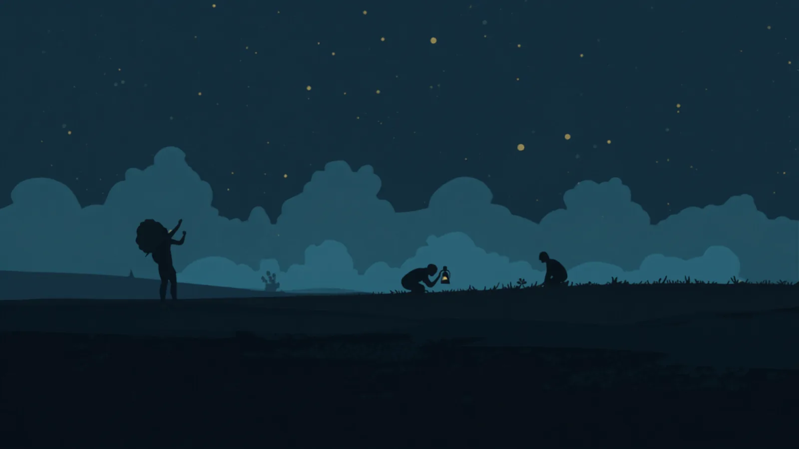 星の下、夜通し働く人たち——荷を運ぶ人、灯りをかかげる人、地面に膝をつく人——のイラスト