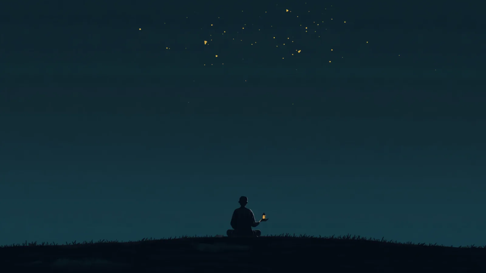 深夜、星空の下でひとり小さな灯りをともす人のイラスト