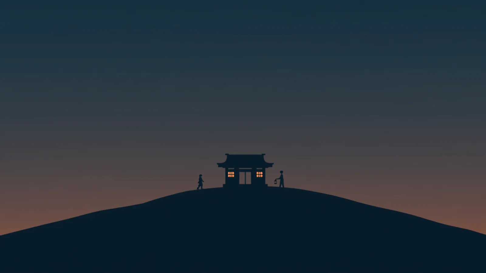 夜明け前、丘の上の道場に灯りがともり人々が集まってくるイラスト