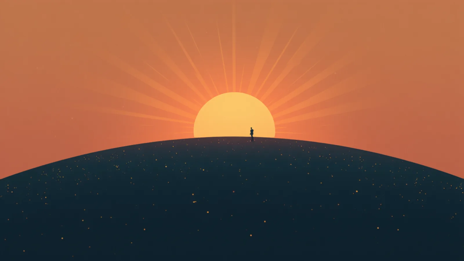 丘の向こうから昇る朝日を見つめる人のイラスト