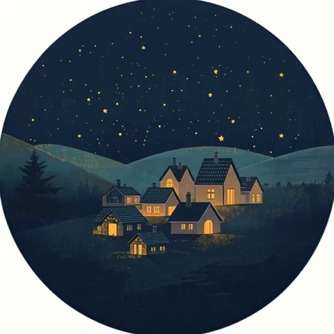 豊かさの再定義を表すイラスト：星空の下、すべての家の窓に同じ明るさの灯りがともる夜の村