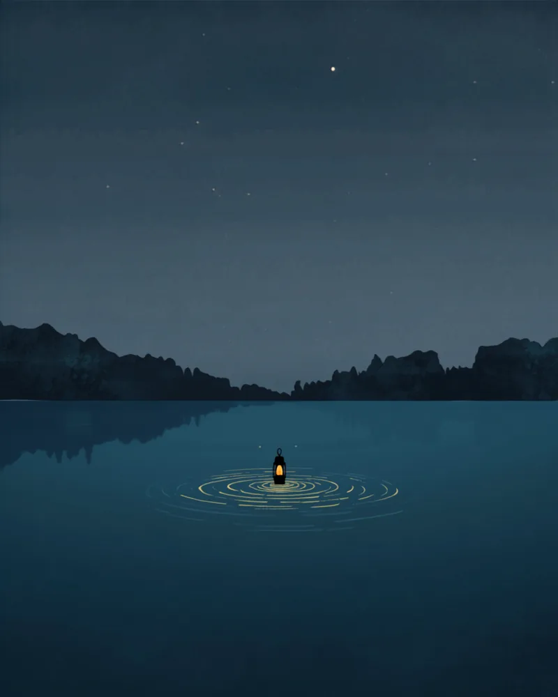 内なる平和を表すイラスト：静かな夜の湖に浮かぶ一つの灯りと波紋