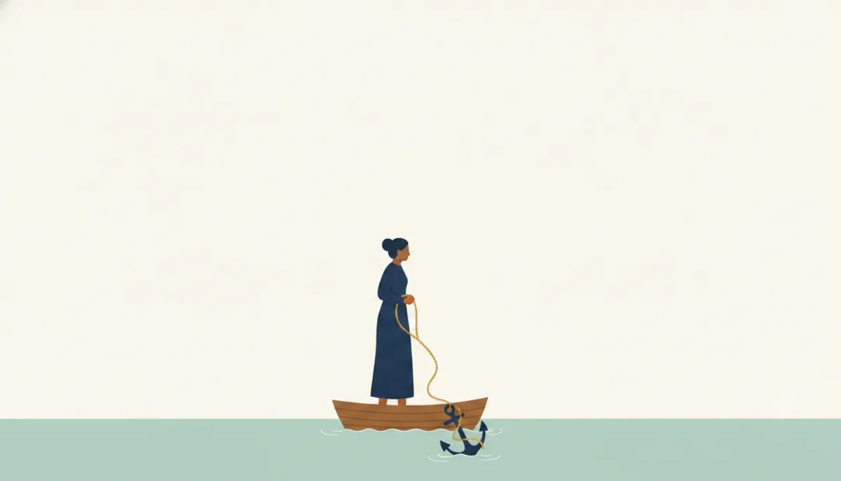 小舟の上で錨につながる綱を持つ人のイラスト
