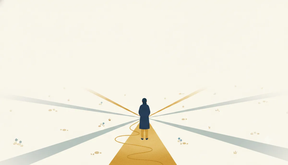 広がる道の中で明るい一本に立つ人のイラスト