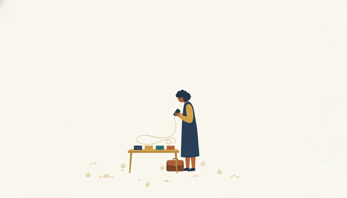 4つの包みを前に旅支度を確かめる人のイラスト