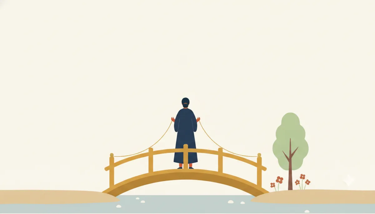 橋の中ほどで立ち止まる人のイラスト