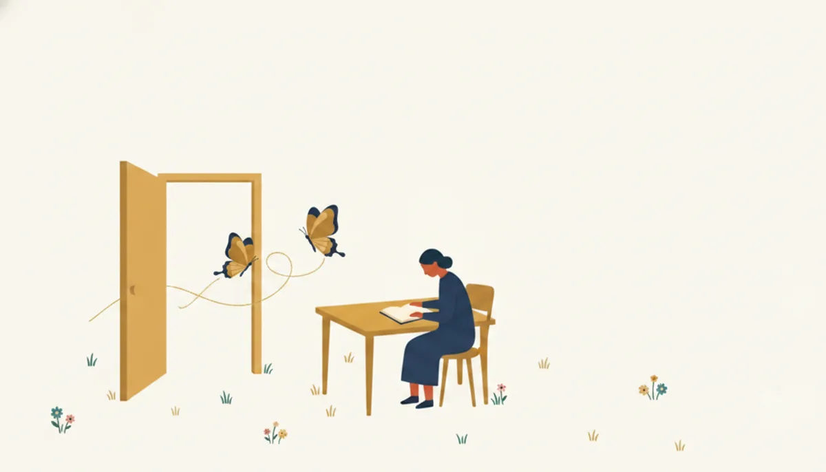 開いた扉から舞い込む蝶と、机で顔を上げる人のイラスト