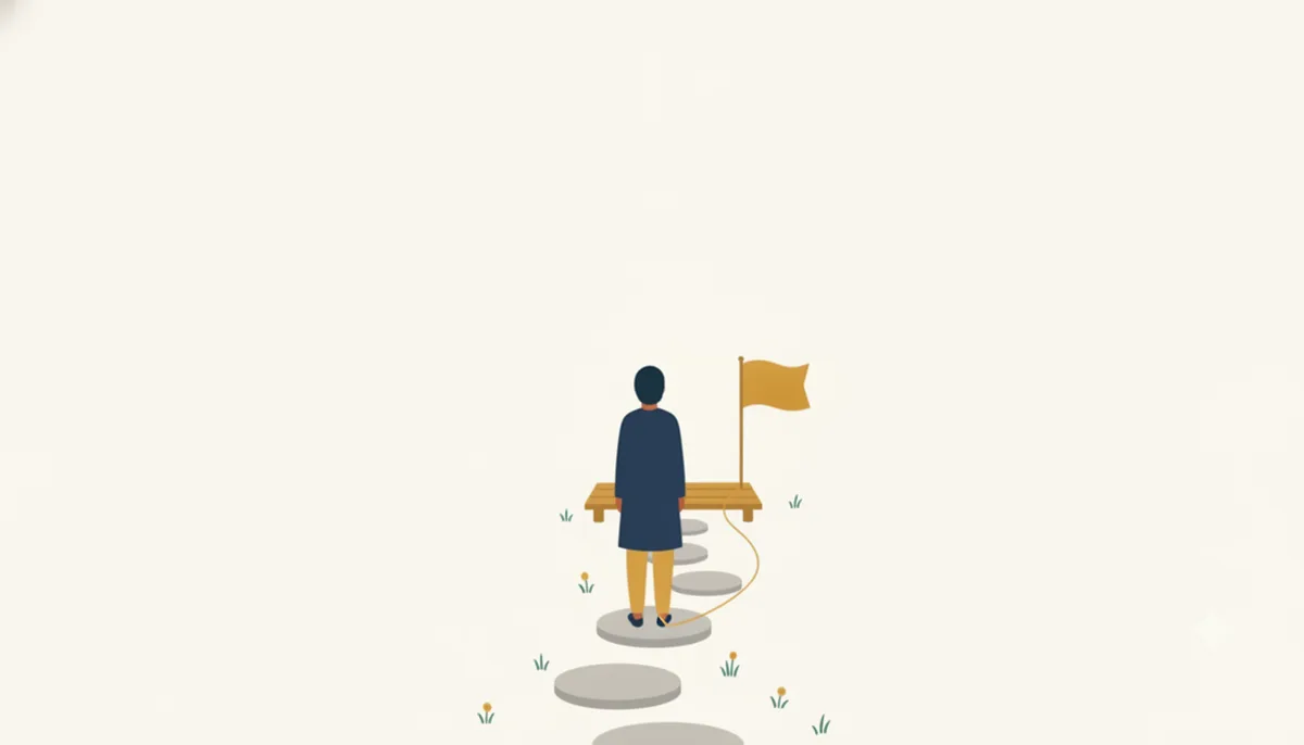 旗へ続く踏み石の最初の一歩に立つ人のイラスト