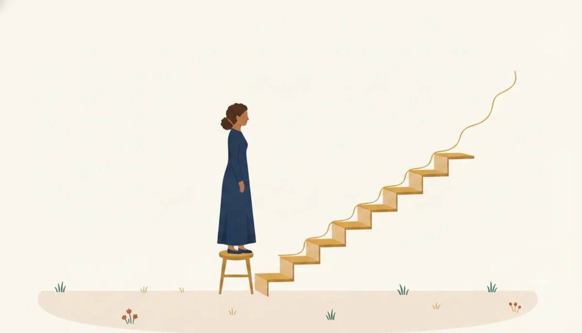 踏み台の上に立ち、続く階段を見る人のイラスト