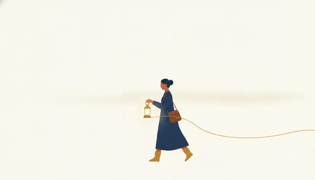 ランタンを提げて霞の中を歩く人のイラスト