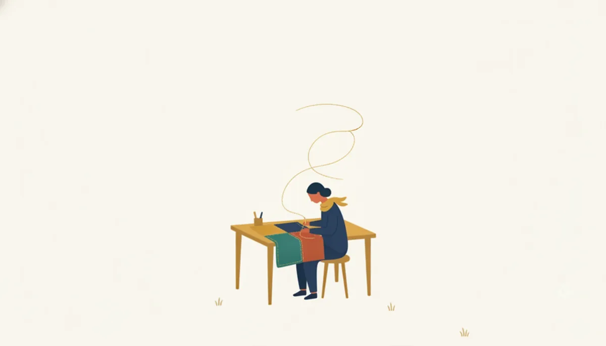 4色の布をキルトに縫い合わせる人のイラスト