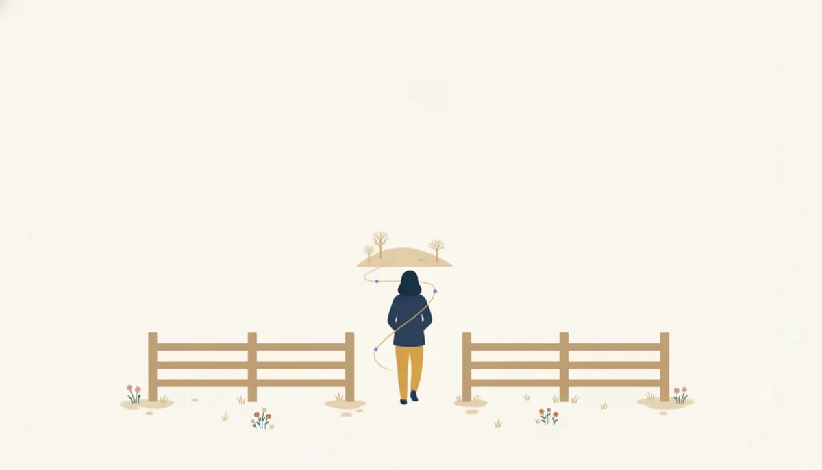 柵の切れ目から丘へ踏み出す人のイラスト