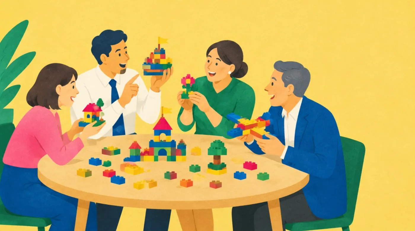 四人がテーブルでブロックを組み、作ったものを見せ合っている