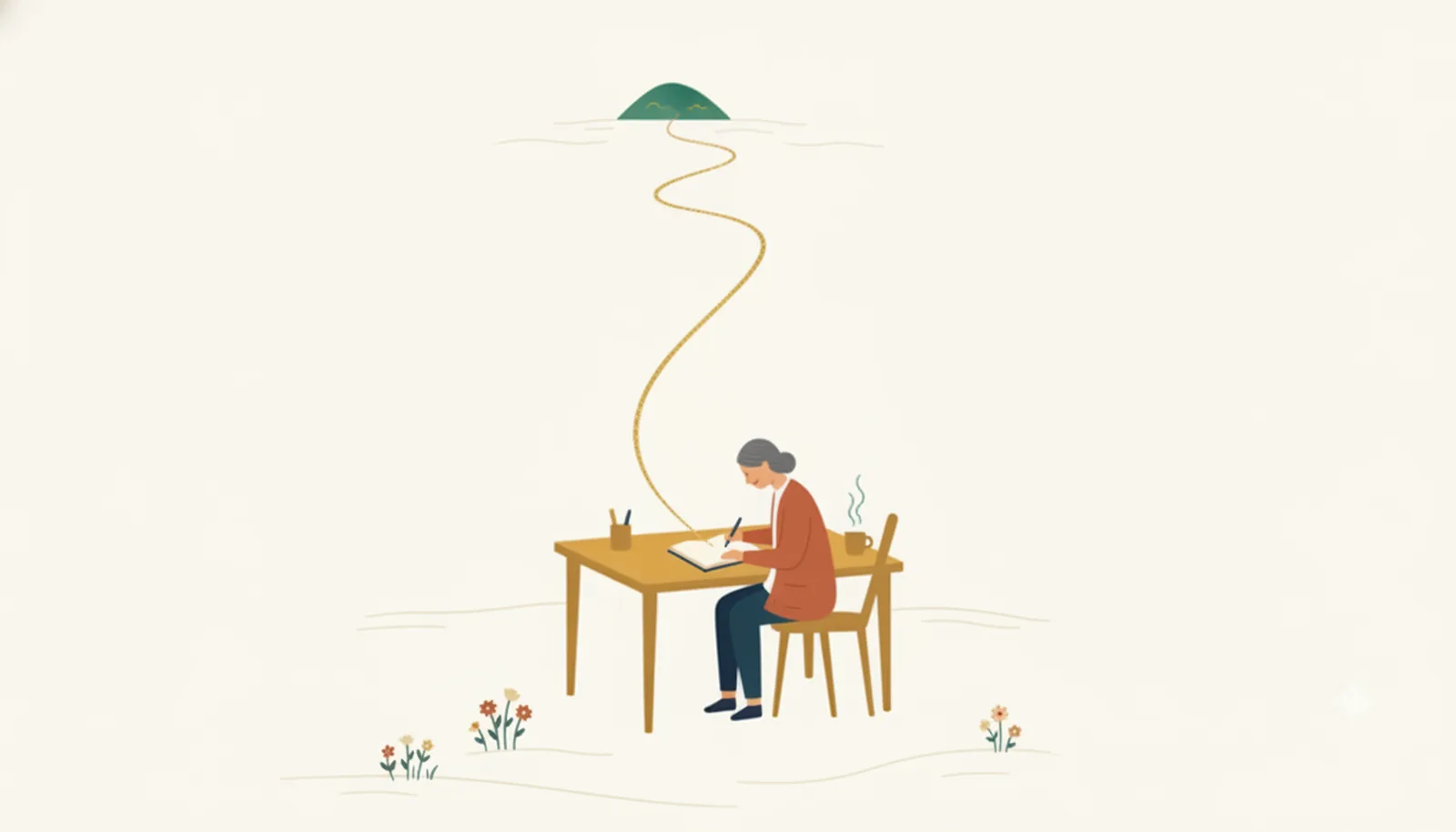 机で書き物をする人から、金の糸が遠くの緑の丘へ伸びていくイラスト