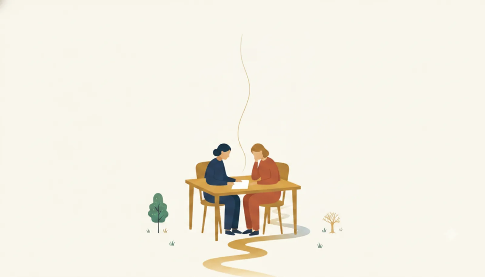 机をはさんで向き合うふたりと一枚の紙、足元で金色の道が二股に分かれるイラスト