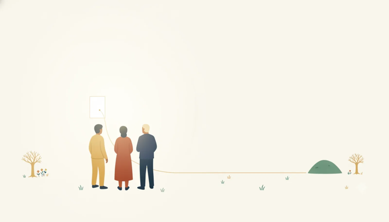 掲示された紙を前に語り合う人々と、紙から遠くへ伸びる金色の糸のイラスト