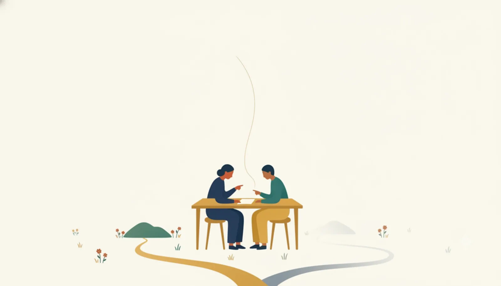 一枚の紙を指さして語り合うふたりと、足元で二股に分かれる金色の道のイラスト