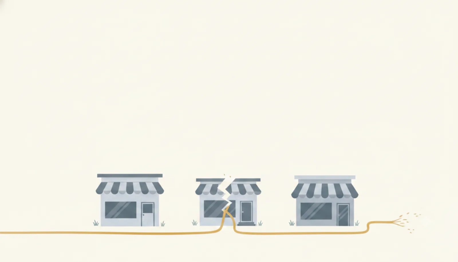 シャッターを閉じた灰色の店構えと、途中で途切れた金の糸のイラスト