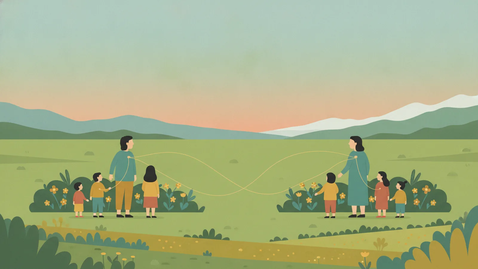 生け垣をはさんで向き合う二つの人の群れ。両側の人々はよく似ている