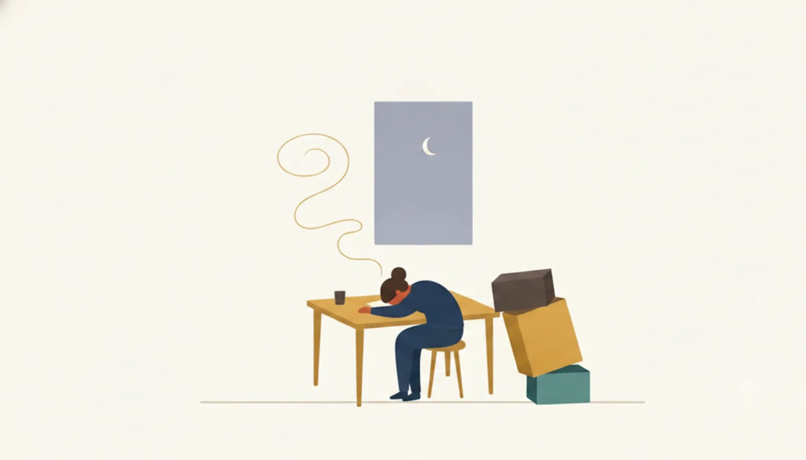 眠る人物のそばに借金のように積み上がる重い荷物