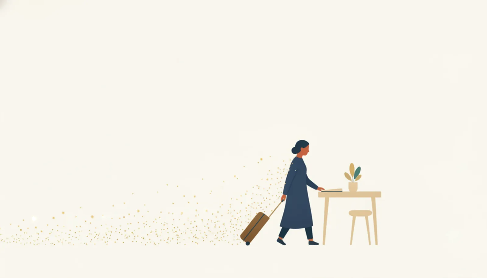 旅から戻る人物のうしろで薄れていく金の光